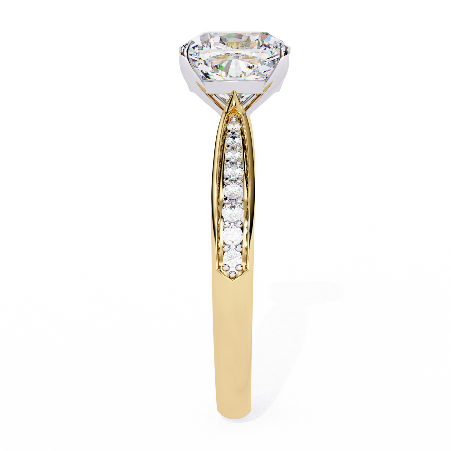 CUSHION-CUT LAB-GROWN DIAMOND SOLITAIRE ENGAGEMENT RING WITH ROUND ACCENT DIAMONDS IN YELLOW GOLD ## YELLOW GOLD