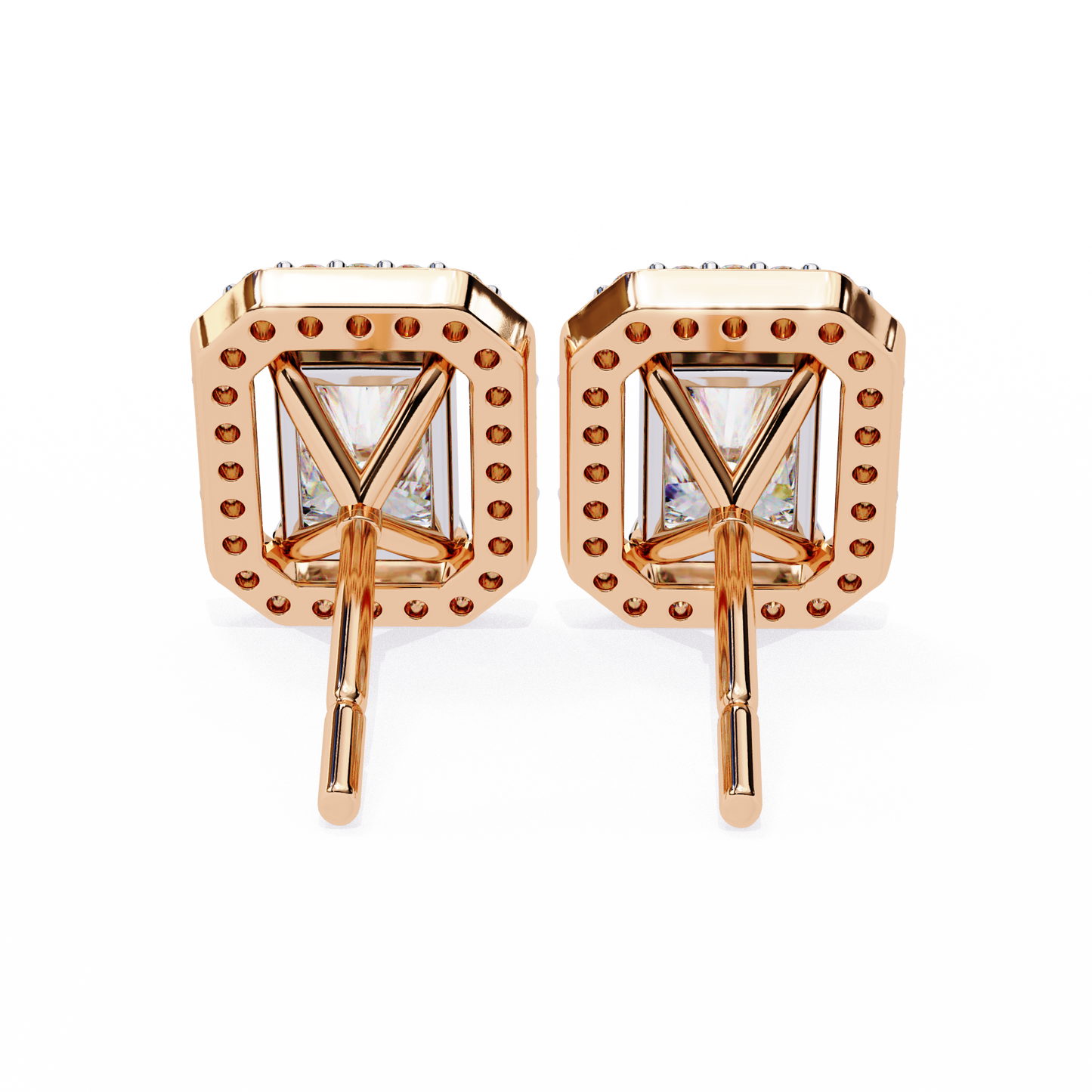 LAB-GROWN DIAMOND EARRING FRONT AND SIDE VIEW WITH RADIANT HALO EARRING DESIGN IN ROSE GOLD, VVS TO VS+ CLARITY, D-F COLOR #ROSE GOLD