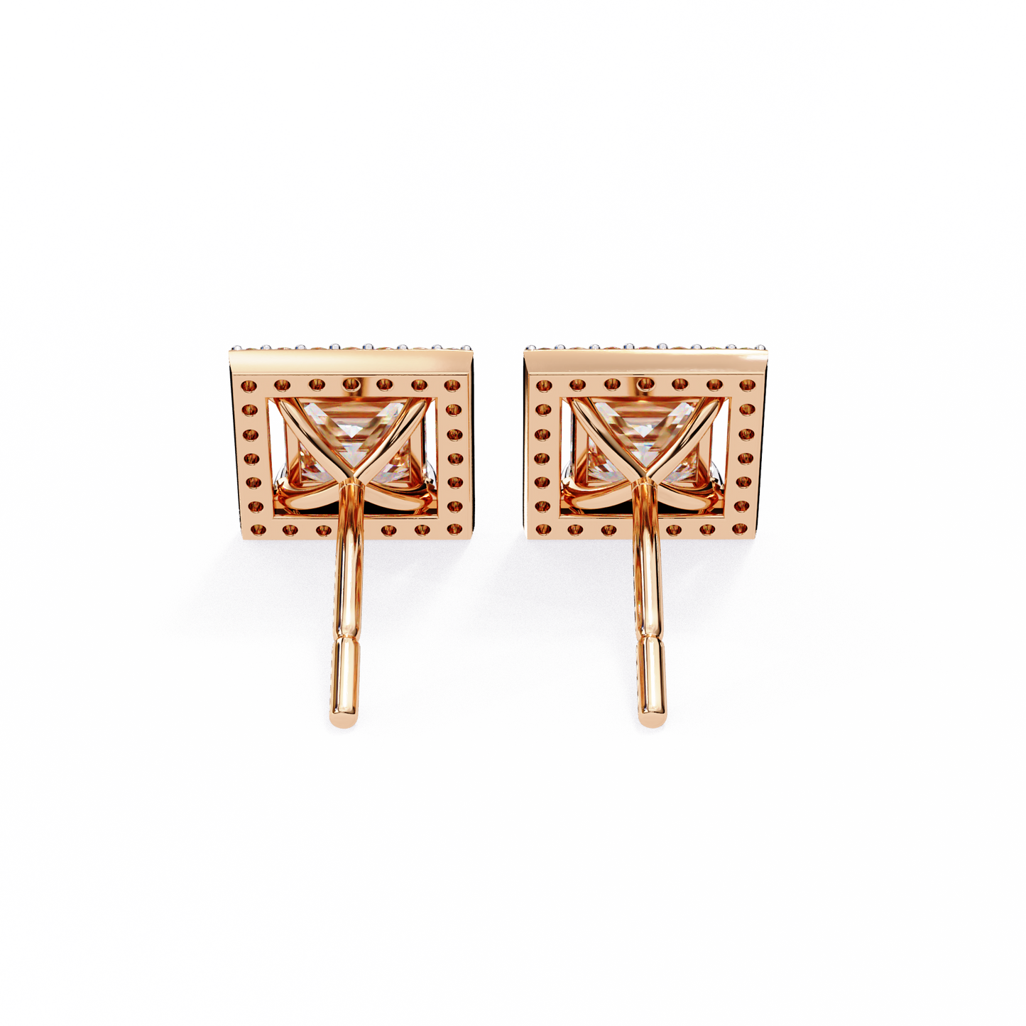 LAB-GROWN DIAMOND EARRING WITH PRINCESS HALO STUD BACK VIEW IN ROSE GOLD FEATURING VVS TO VS+ D–F DIAMONDS LUXURY JEWELRY #ROSE GOLD