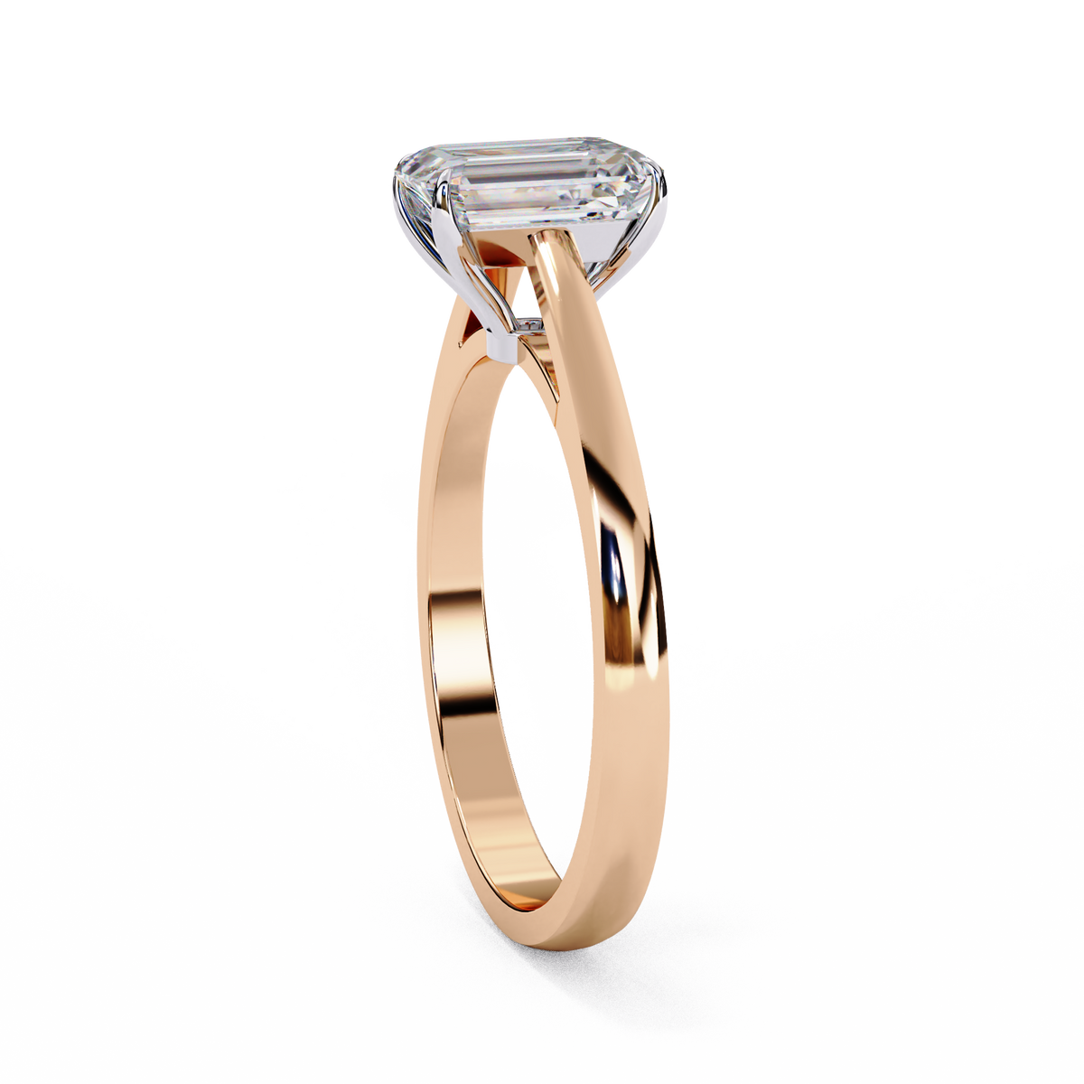 Radiant-cut solitaire ring in rose gold showing cathedral shoulders and prong setting #ROSE GOLD