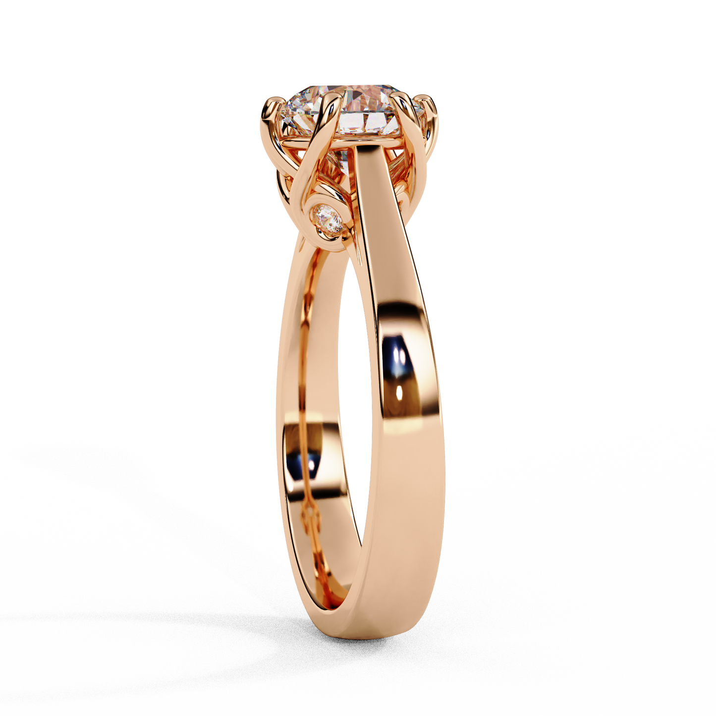 Rose gold cathedral solitaire ring profile with six-prong head and hidden bezel accent stones #ROSE GOLD