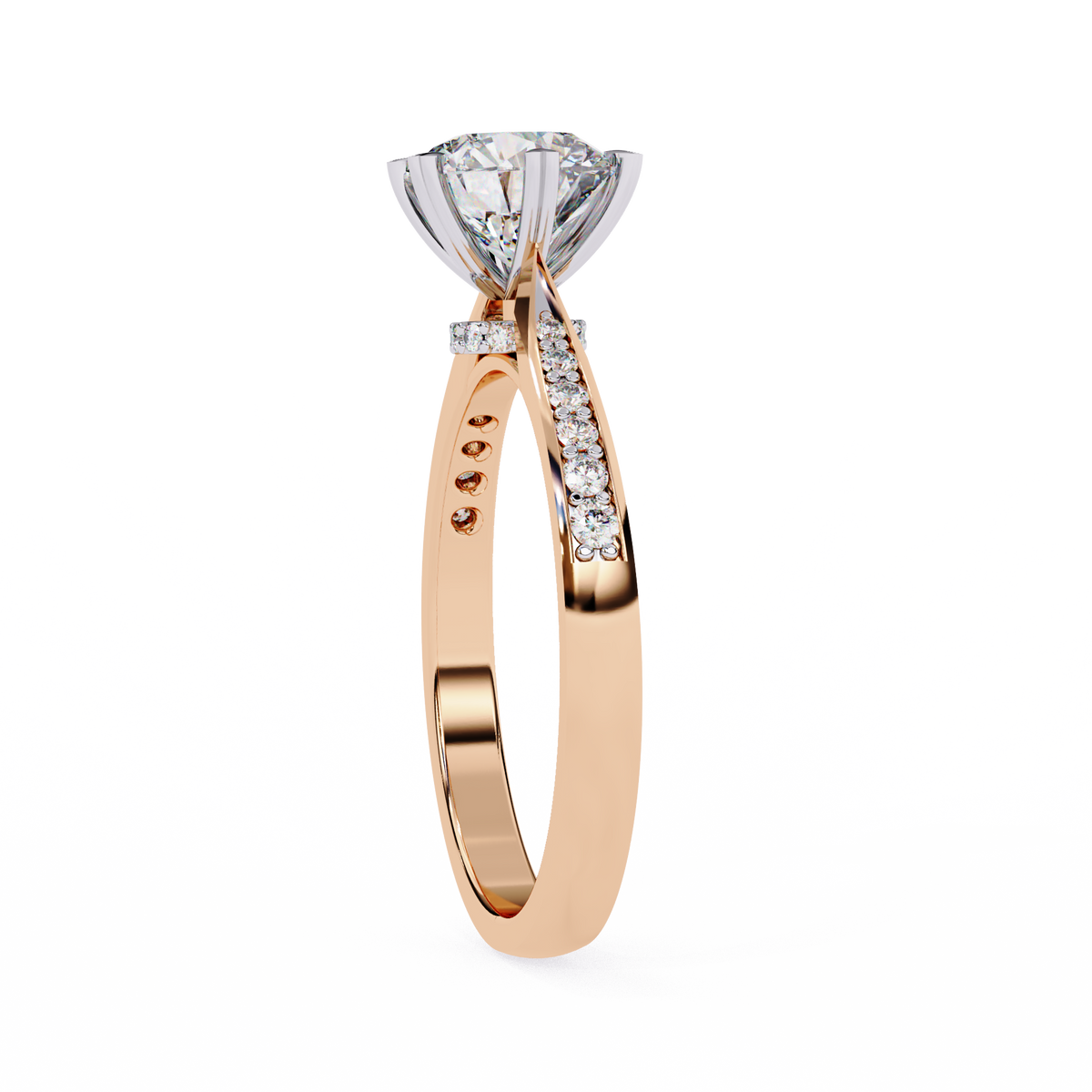 Rose-gold cathedral band with white head, round solitaire, pave bridge under the center #ROSE GOLD