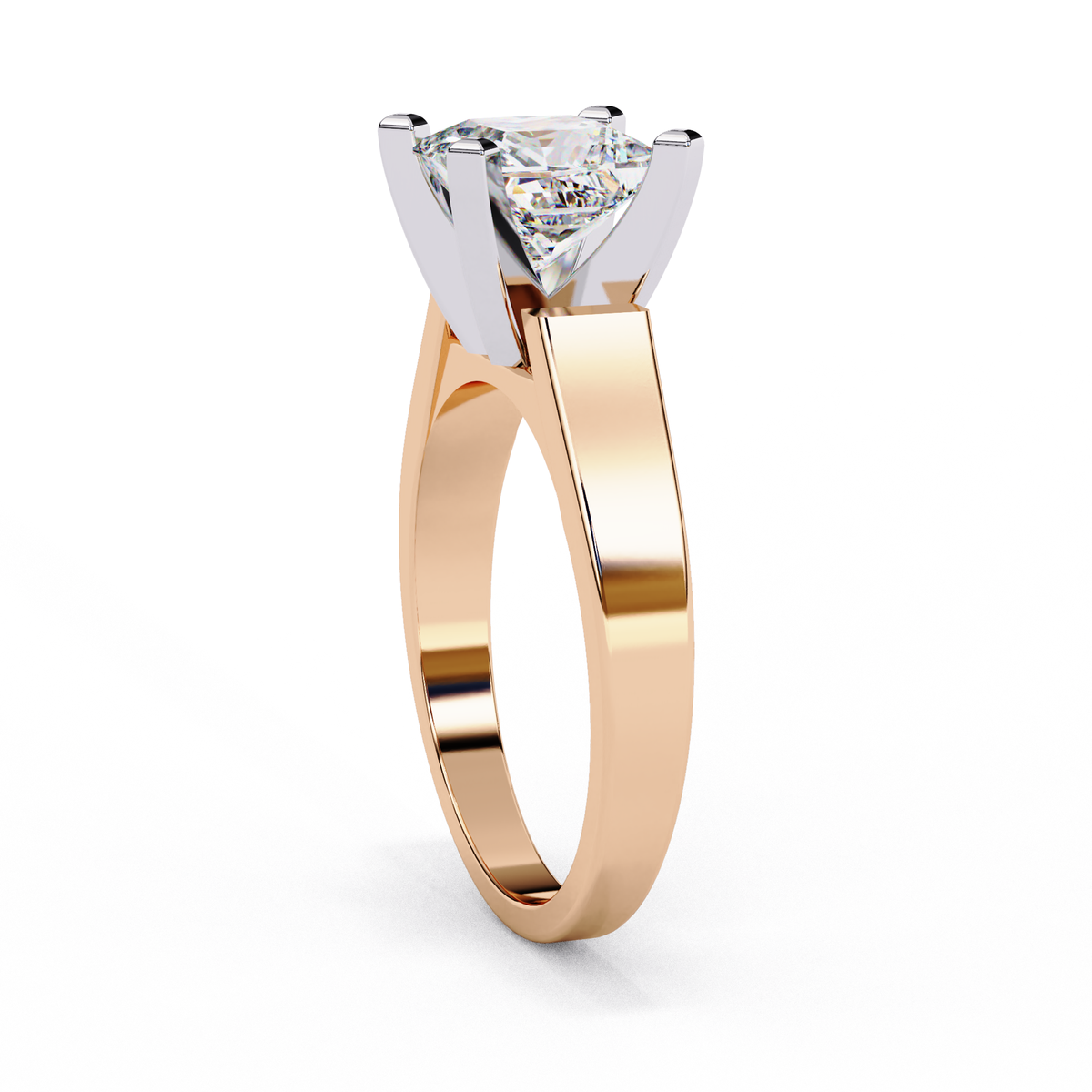 Rose gold princess-cut solitaire ring with quad corner prongs ##ROSE GOLD