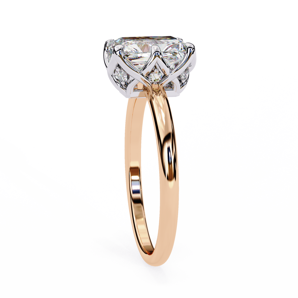 Rose Gold band and White Gold head radiant-cut lab-grown diamond ring with sculpted X-gallery and lab-grown round accents #ROSE GOLD
