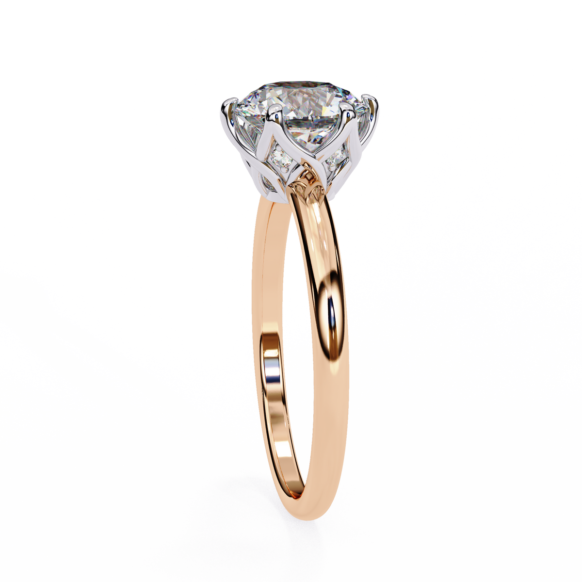 Rose Gold solitaire lab-grown diamond ring with white gold six-prong head showcasing brilliant round lab-grown diamond #ROSE GOLD
