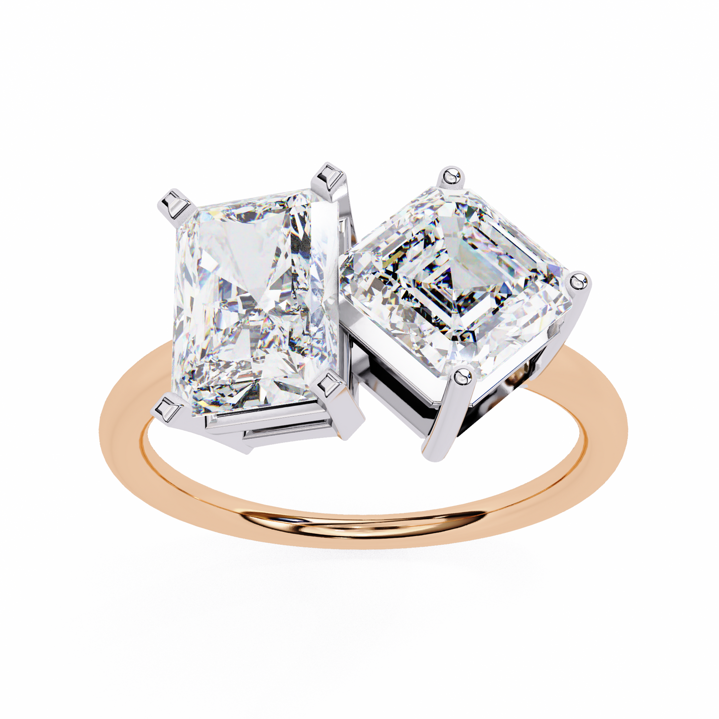 DUAL LAB-GROWN DIAMOND RING WITH RADIANT AND EMERALD CUTS IN ROSE GOLD BAR SETTING ##ROSE GOLD