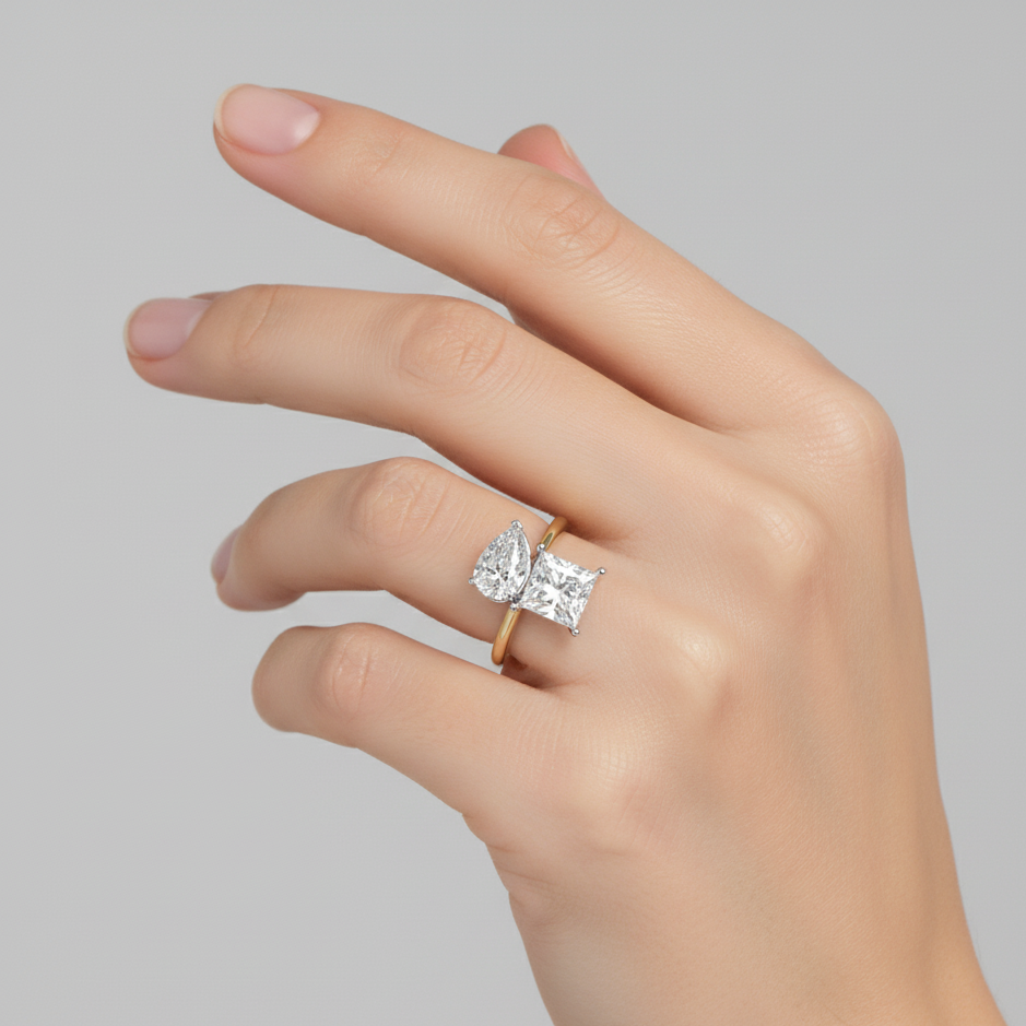 Luminara's Lab Diamond Bar Ring | Pear & Princess Cut Modern Dual Gold Ring