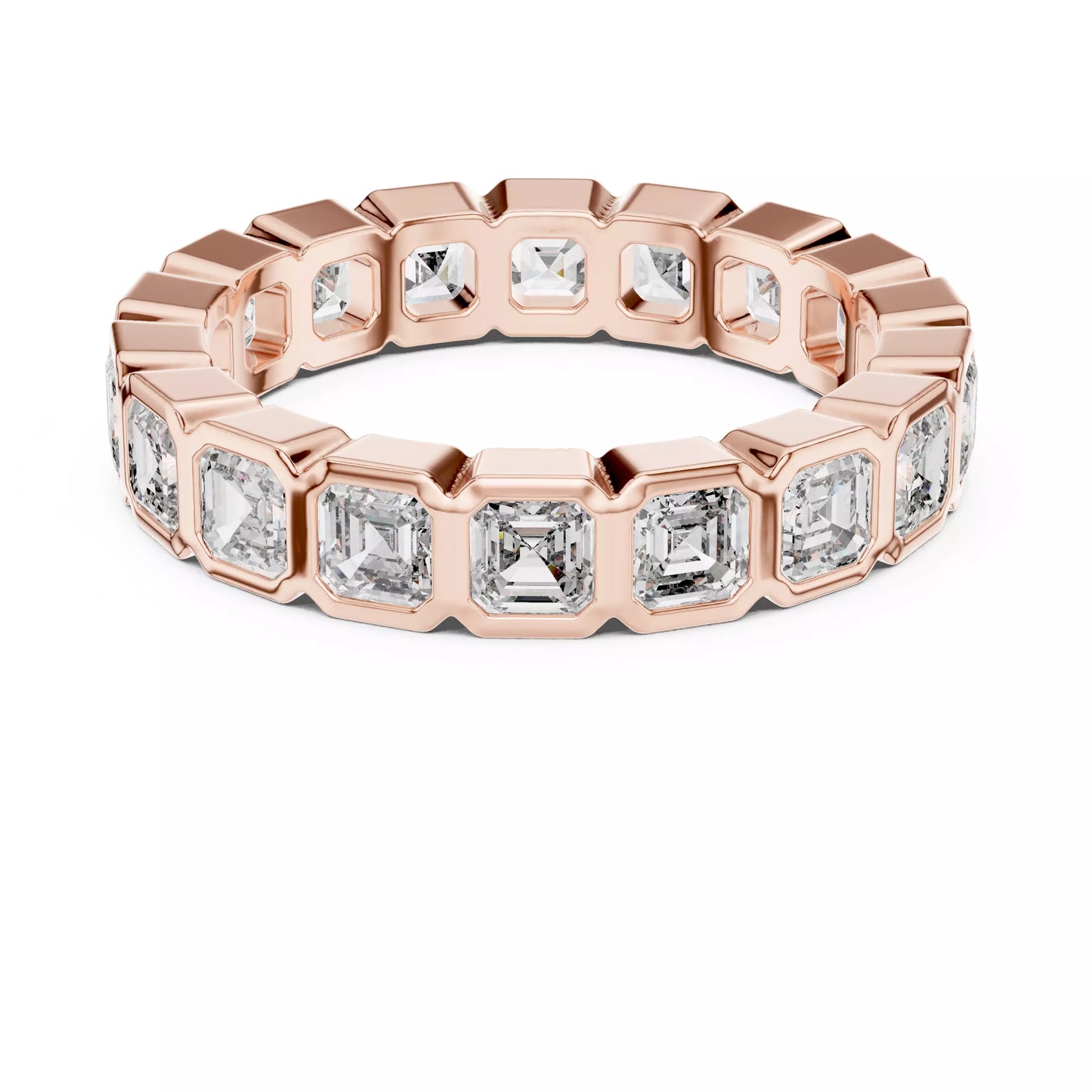Rose gold lab-grown diamond eternity ring showing emerald-cut bezel-set diamonds with VVS to VS+ clarity and D–F color on polished band #ROSE GOLD