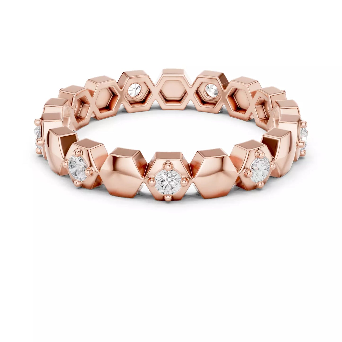 Rose gold hexagon lab-grown diamond ring showing eternity design with round prong-set D–F color VVS to VS+ clarity diamonds and polished band #ROSE GOLD