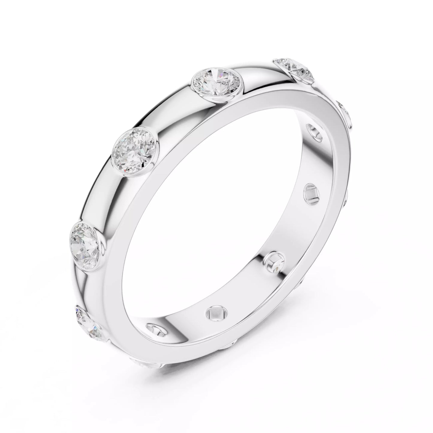 White gold lab-grown diamond ring showing bezel band design and round D–F color VVS to VS+ clarity diamonds around ring #WHITE GOLD