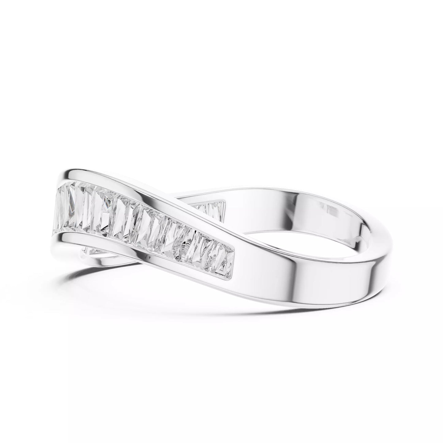 White gold infinity wave lab-grown diamond ring band with D–F VVS to VS+ baguette diamonds in sleek channel-inspired inset setting #WHITE GOLD