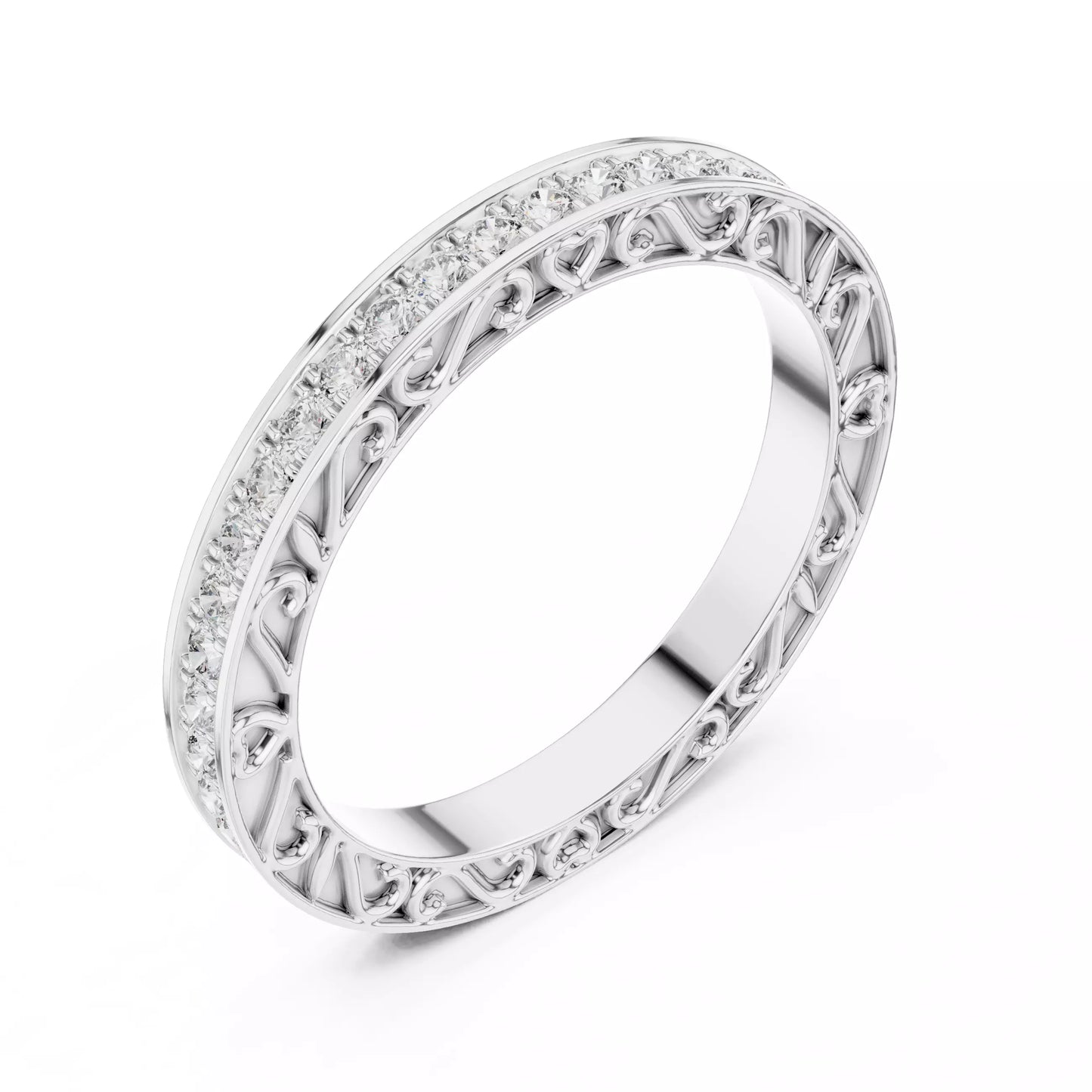 White gold lab-grown diamond eternity band ring featuring heart scroll filigree and pavé set VVS to VS+ D–F diamonds #WHITE GOLD