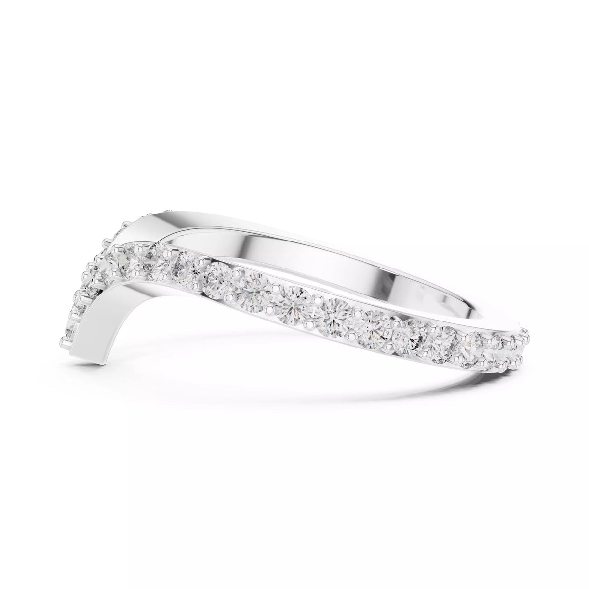 Lab-grown diamond ring with curved V band design, prong-set round diamonds, VVS to VS+ clarity, D–F color, White Gold finish #WHITE GOLD