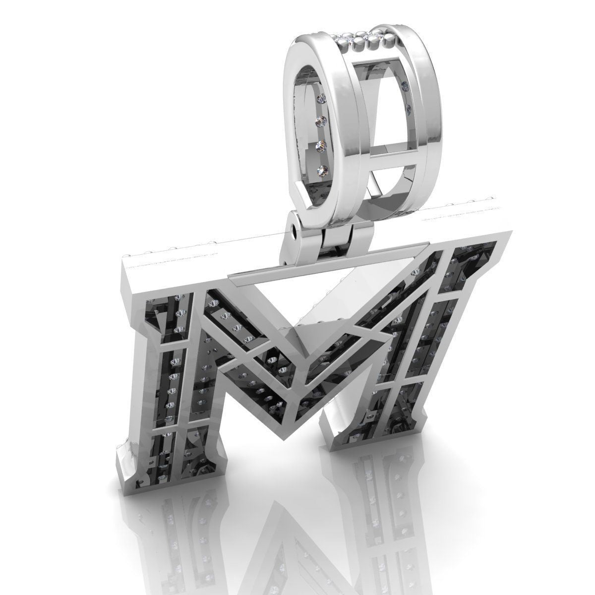 WHITE GOLD INITIAL M PENDANT WITH LAB-GROWN ROUND DIAMOND ##WHITE GOLD
