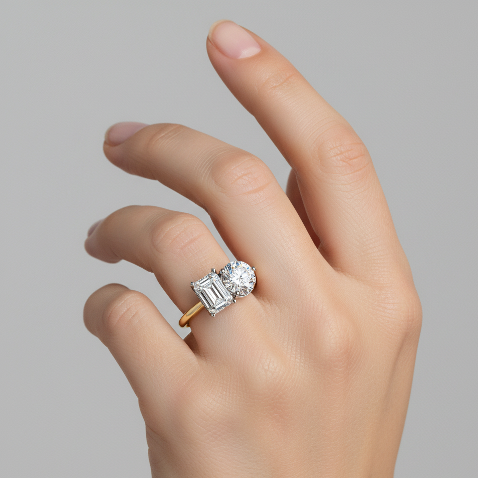 Luminara's Modern Lab Diamond Bar Ring | Radiant & Round Cut Dual Gold Ring
