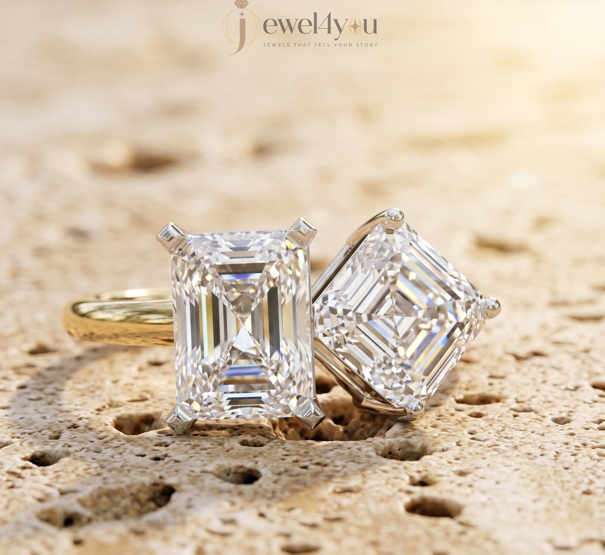 DUAL LAB-GROWN DIAMOND RING WITH RADIANT AND EMERALD CUTS IN YELLOW GOLD BAR SETTING 