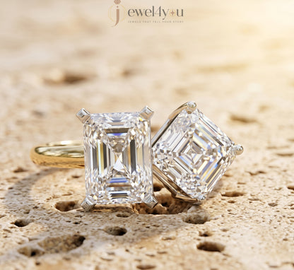 DUAL LAB-GROWN DIAMOND RING WITH RADIANT AND EMERALD CUTS IN YELLOW GOLD BAR SETTING 