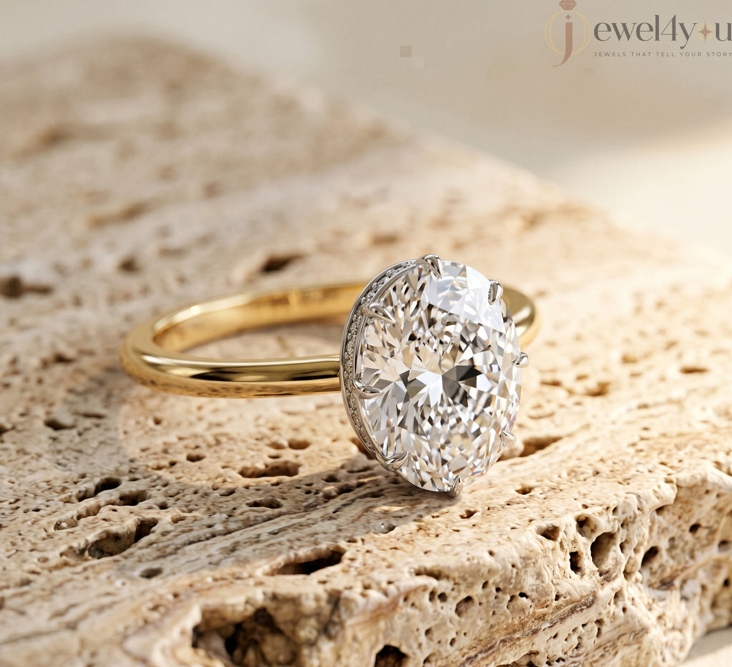 Yellow Gold solitaire oval lab-grown diamond ring with white gold crown setting and pavé hidden halo #YELLOW GOLD