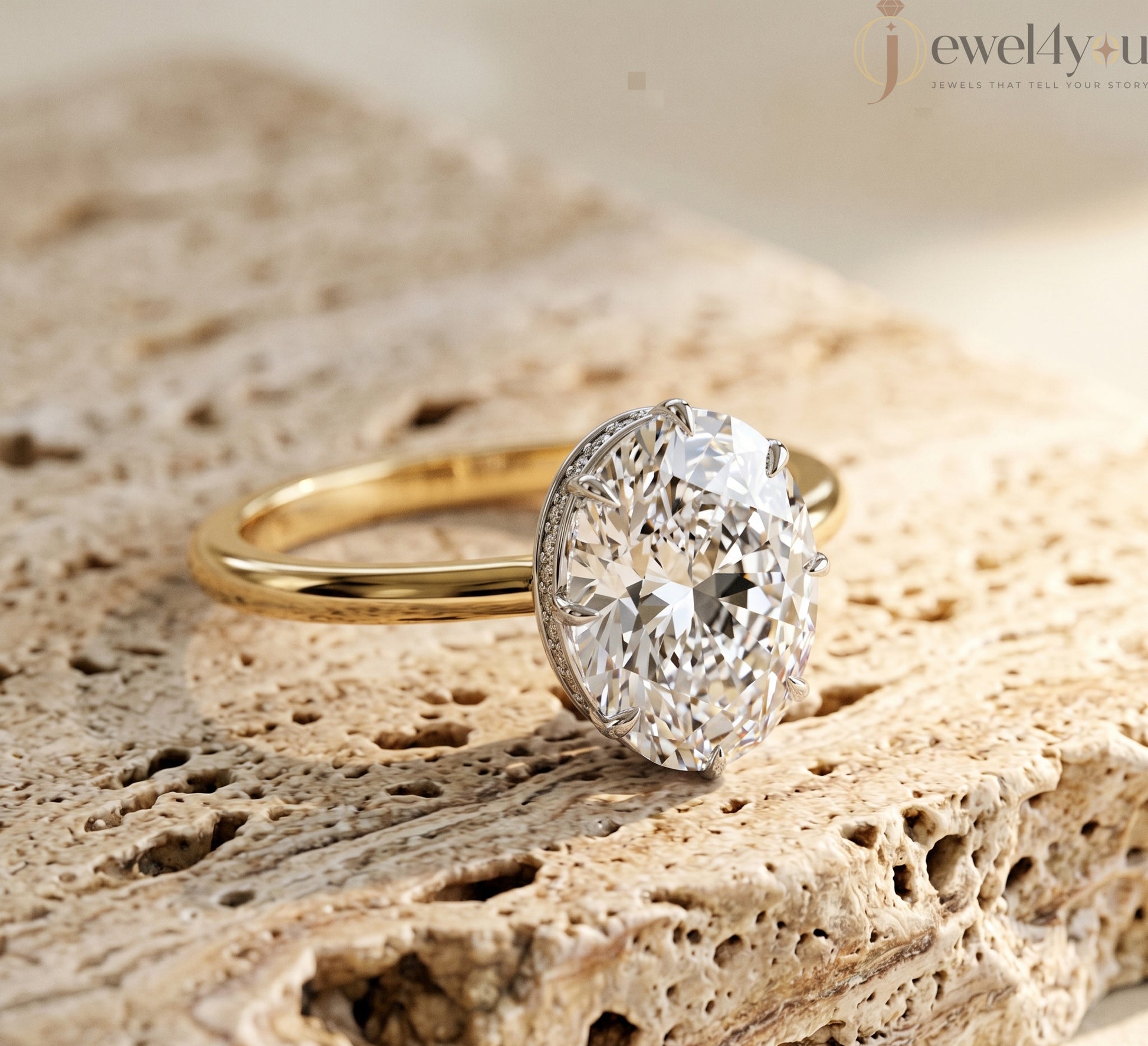 Yellow Gold solitaire oval lab-grown diamond ring with white gold crown setting and pavé hidden halo #YELLOW GOLD