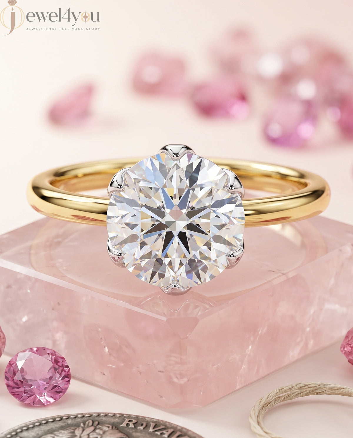 YELLOW GOLD SOLITAIRE RING WITH ROUND LAB-GROWN DIAMOND IN SIX-PRONG FLORAL CATHEDRAL SETTING 