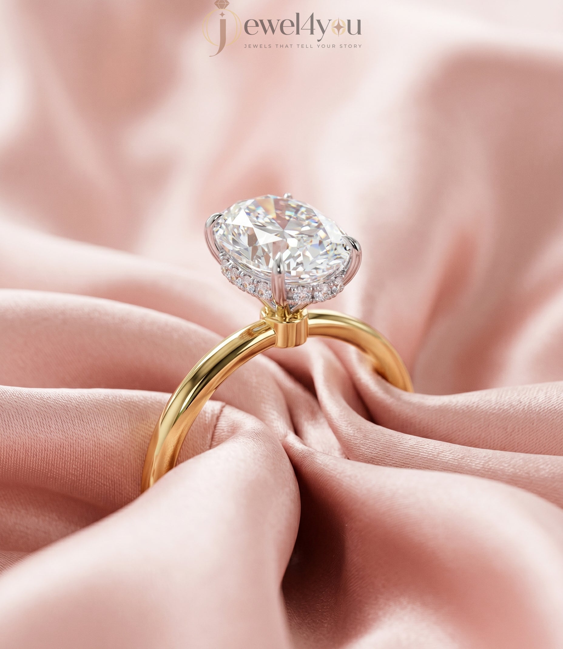 Yellow gold oval diamond engagement ring with white hidden crown setting #YELLOW GOLD
