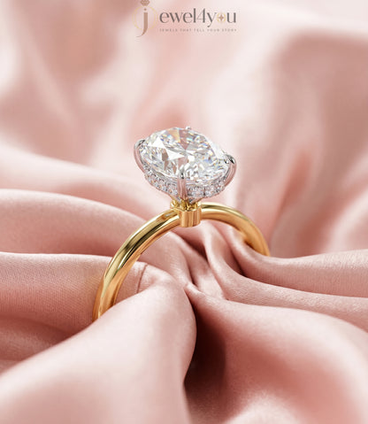 Yellow gold oval diamond engagement ring with white hidden crown setting #YELLOW GOLD