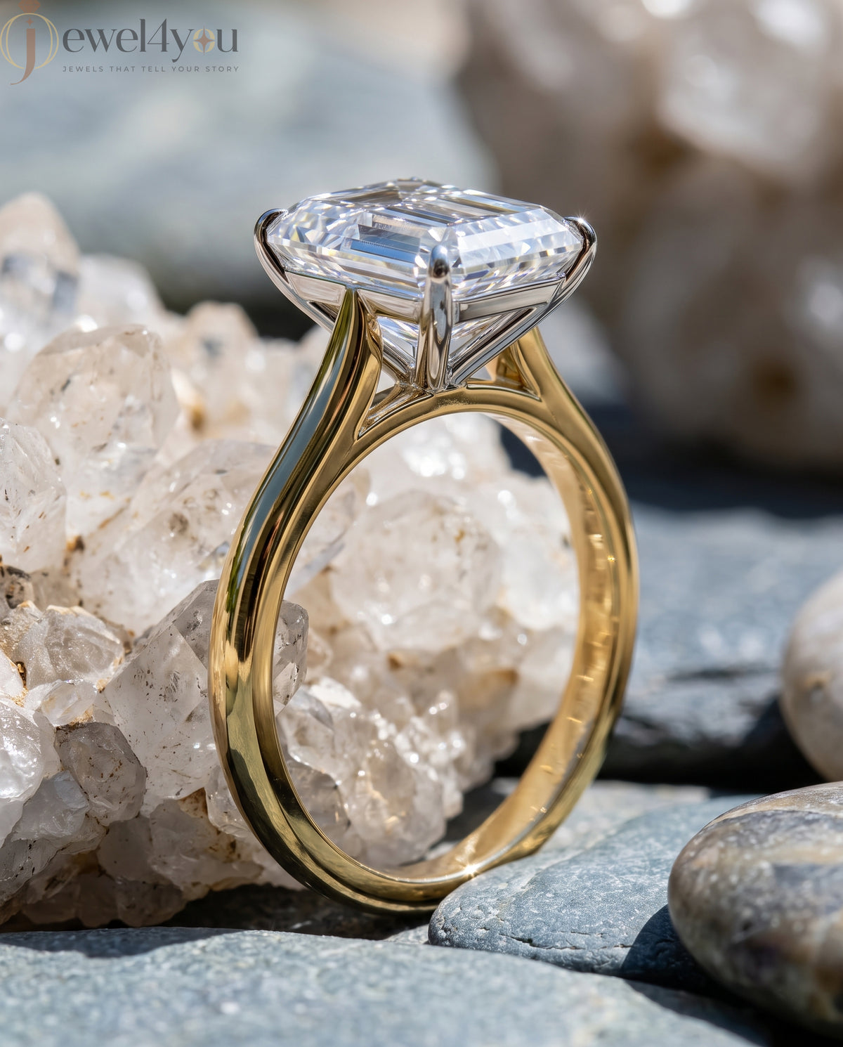 YELLOW GOLD EMERALD -CUT LAB-GROWN DIAMOND ENGAGEMENT RING 