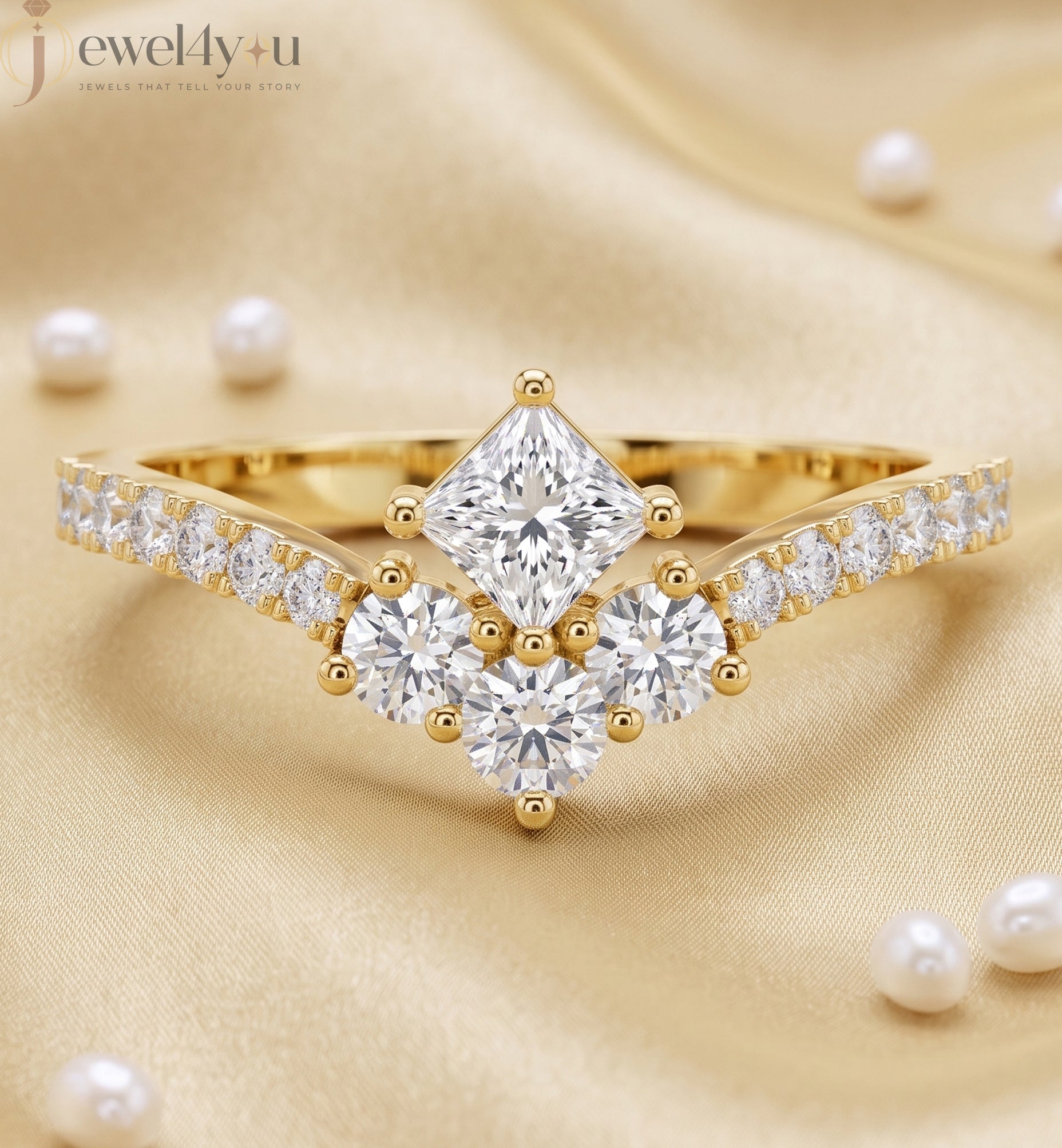 Lab-grown diamond ring with V-shaped cluster design, princess and round diamonds, VVS to VS+ clarity, D–F color, Yellow Gold #YELLOW GOLD