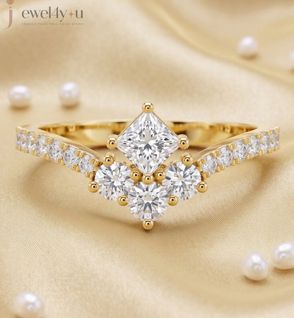 Lab-grown diamond ring with V-shaped cluster design, princess and round diamonds, VVS to VS+ clarity, D–F color, Yellow Gold #YELLOW GOLD