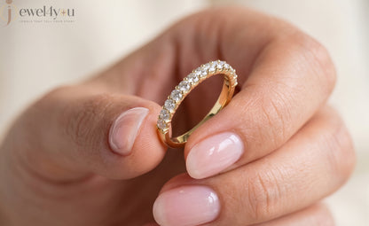 Yellow gold lab-grown diamond ring featuring half eternity prong-set D–F color, VVS clarity diamonds #YELLOW GOLD