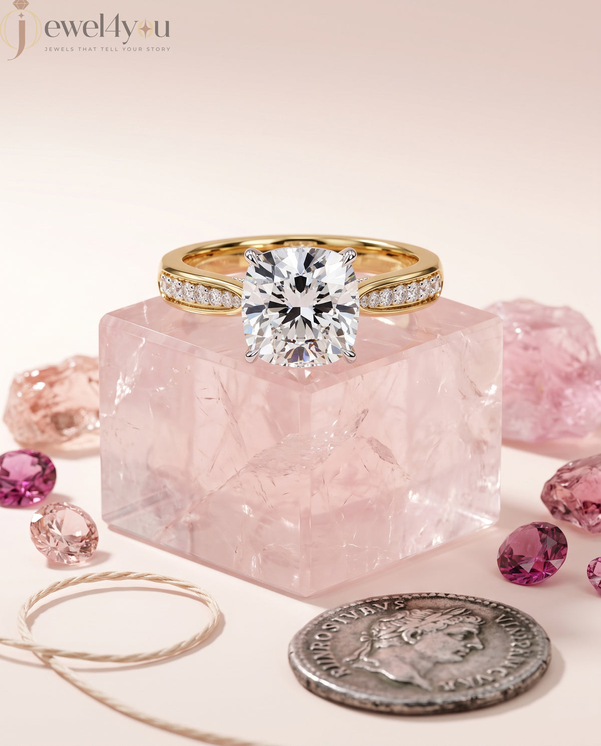 CUSHION-CUT LAB-GROWN DIAMOND SOLITAIRE ENGAGEMENT RING WITH ROUND ACCENT DIAMONDS IN YELLOW GOLD ## YELLOW GOLD