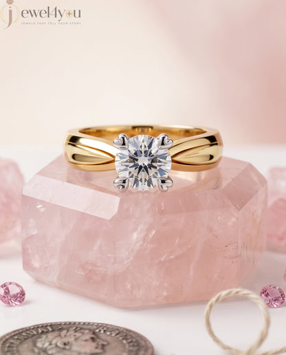 Yellow Gold engagement lab-grown ring with round solitaire and White Gold heart-prong setting, VVS clarity D–F color diamond #YELLOW GOLD