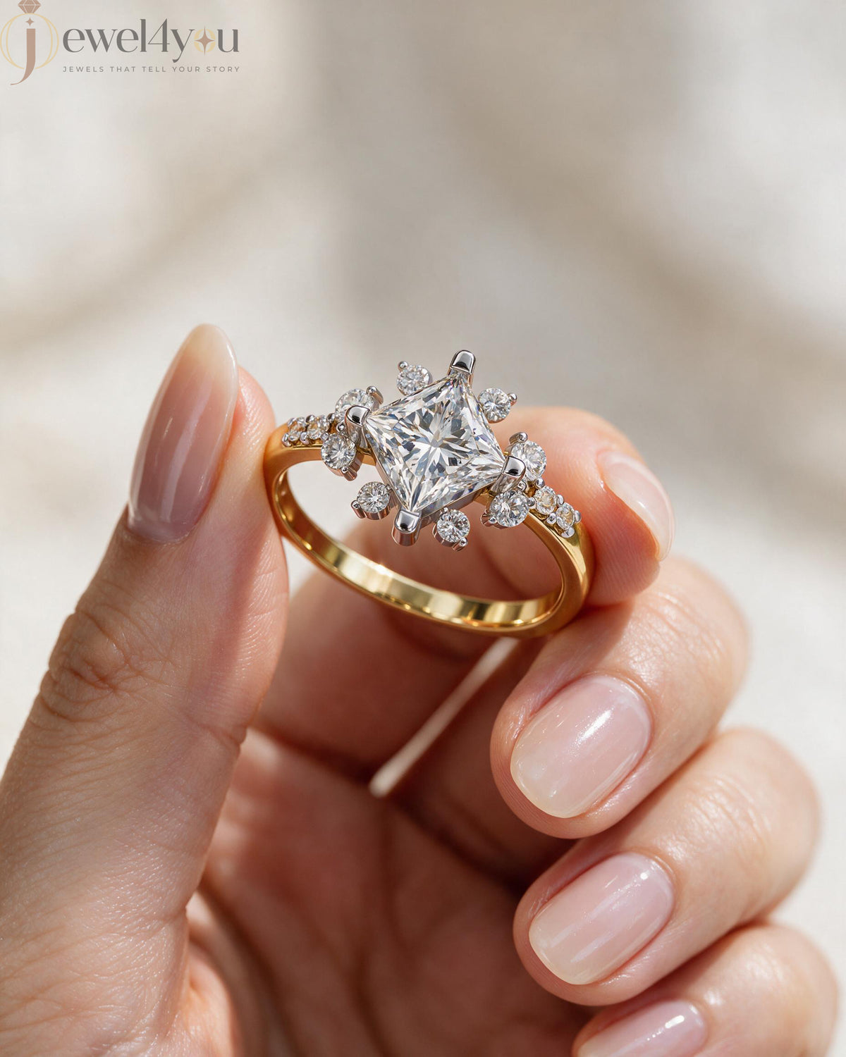 PRINCESS CUT LAB DIAMOND ENGAGEMENT RING WITH VINTAGE CLUSTER SETTING AND ACCENT DIAMONDS IN YELLOW GOLD ##YELLOW GOLD