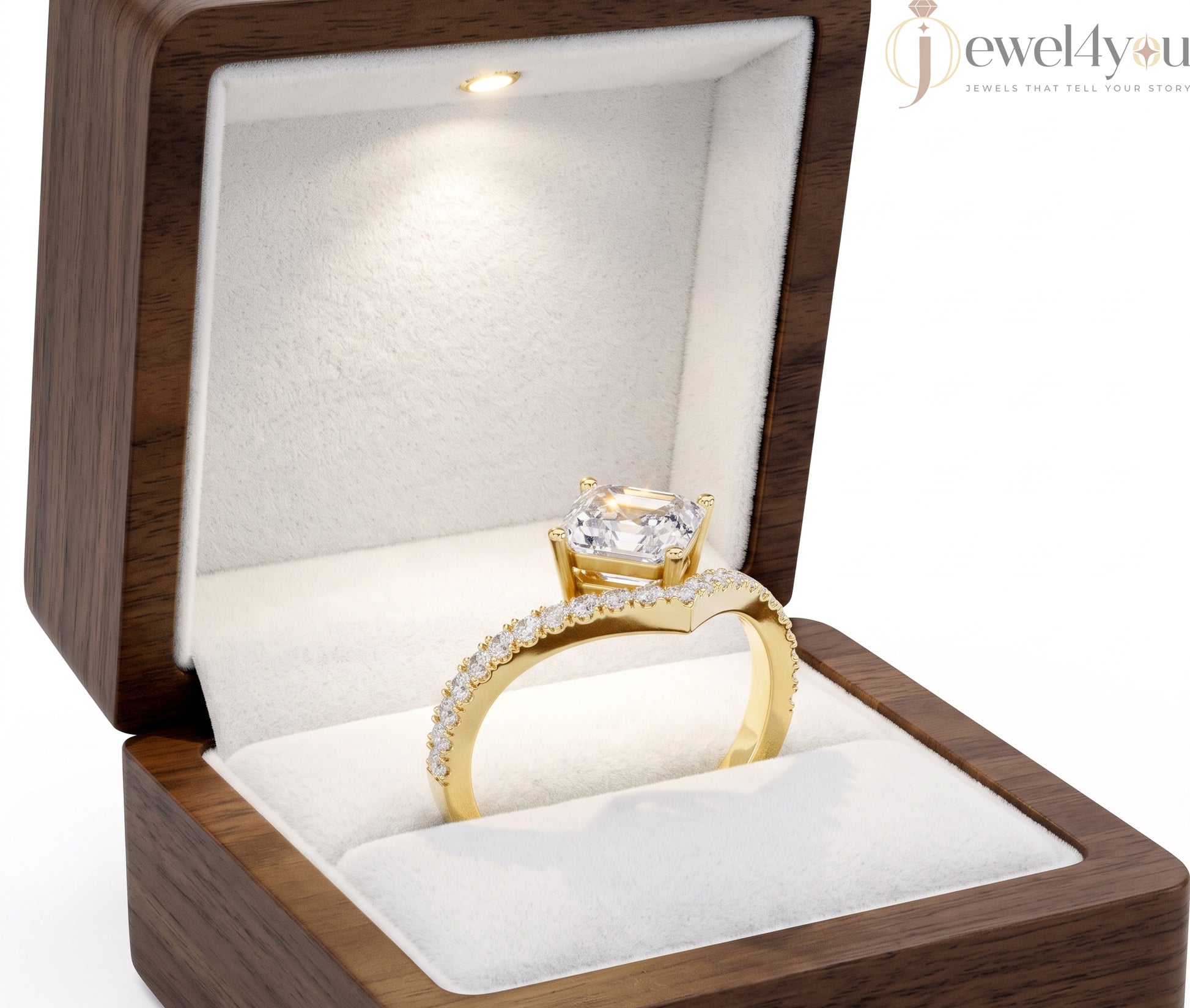 Lab-grown diamond ring with asscher-cut center, V-shaped chevron design, VVS to VS+ clarity, D–F color, Yellow Gold  #YELLOW GOLD