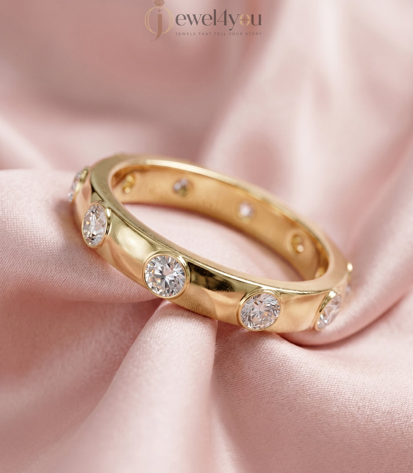Yellow gold bezel lab-grown diamond ring band showcasing evenly spaced round D–F color VVS to VS+ clarity diamonds #YELLOW GOLD