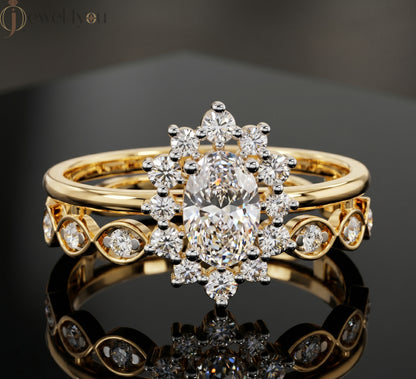 OVAL AND ROUND DIAMOND YELLOW GOLD HALO RING 