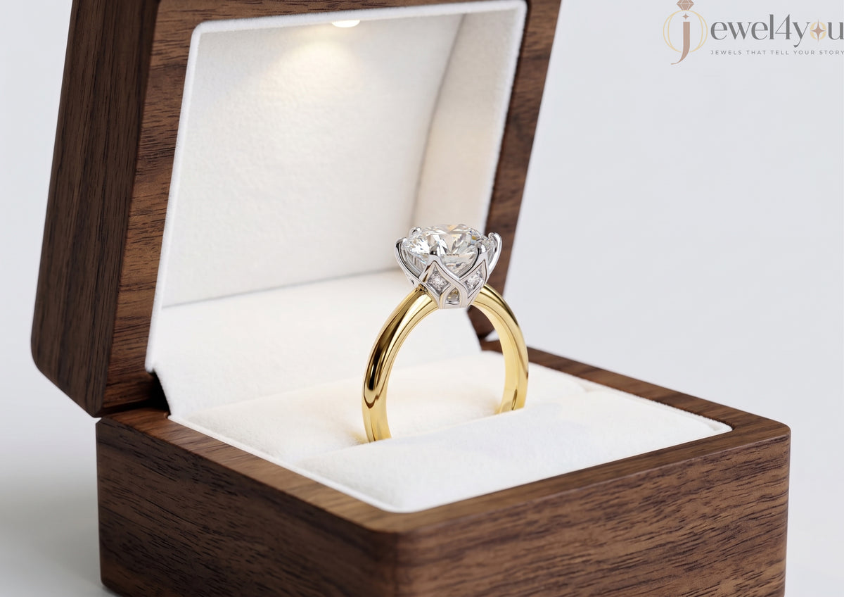 Yellow Gold band with white gold lotus crown holding a round lab-grown diamond solitaire and side gallery diamonds #YELLOW GOLD