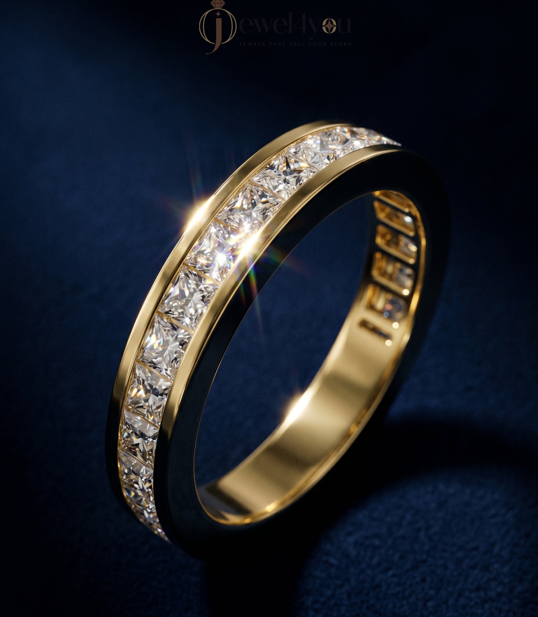 Yellow gold princess channel half eternity lab-grown diamond ring, D–F color VVS to VS+ clarity diamonds in sleek solid gold band #YELLOW GOLD