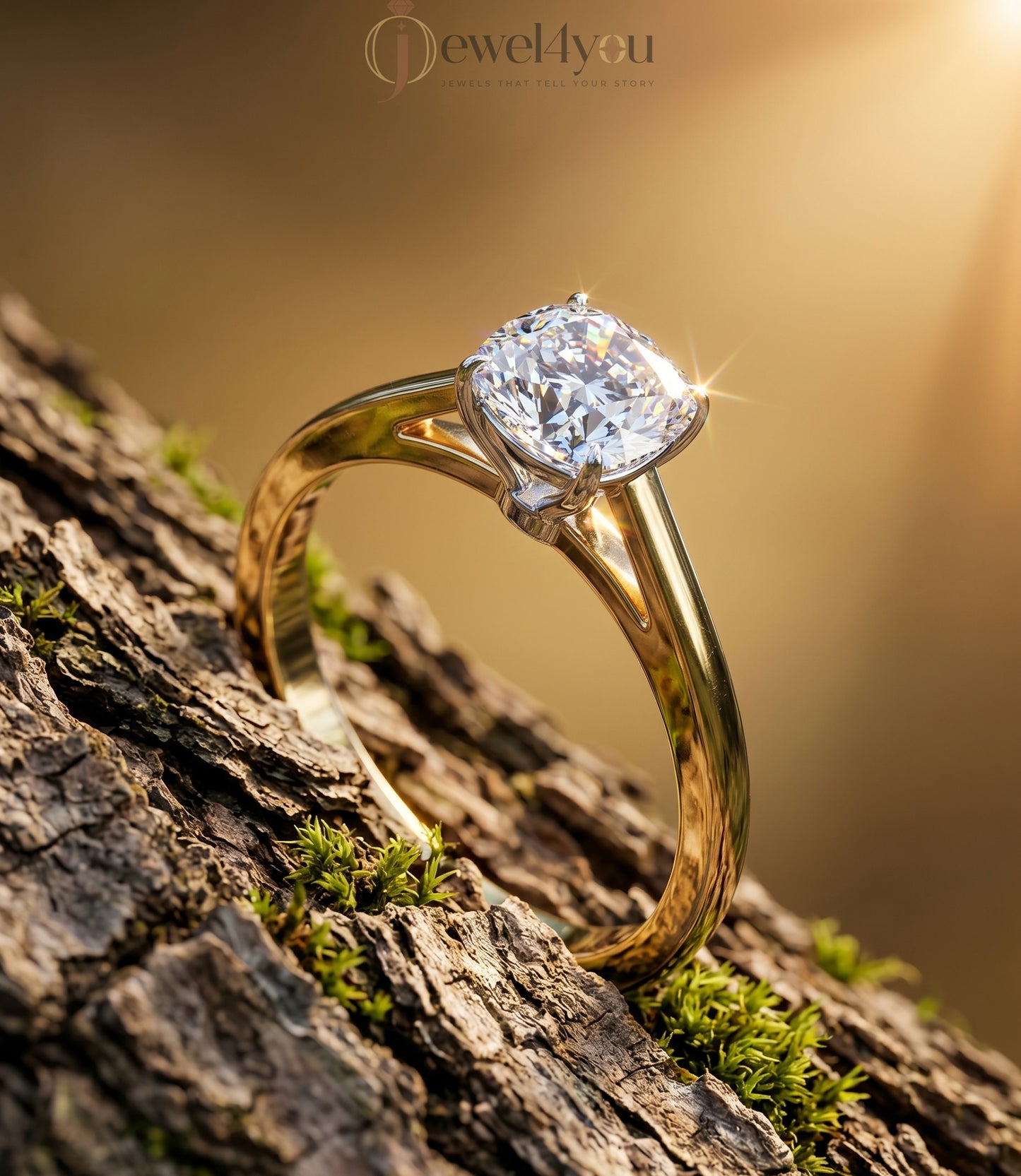 Yellow gold cushion diamond solitaire ring with white gold cathedral basket setting #YELLOW GOLD
