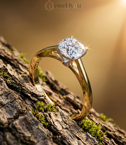 Yellow gold cushion diamond solitaire ring with white gold cathedral basket setting #YELLOW GOLD