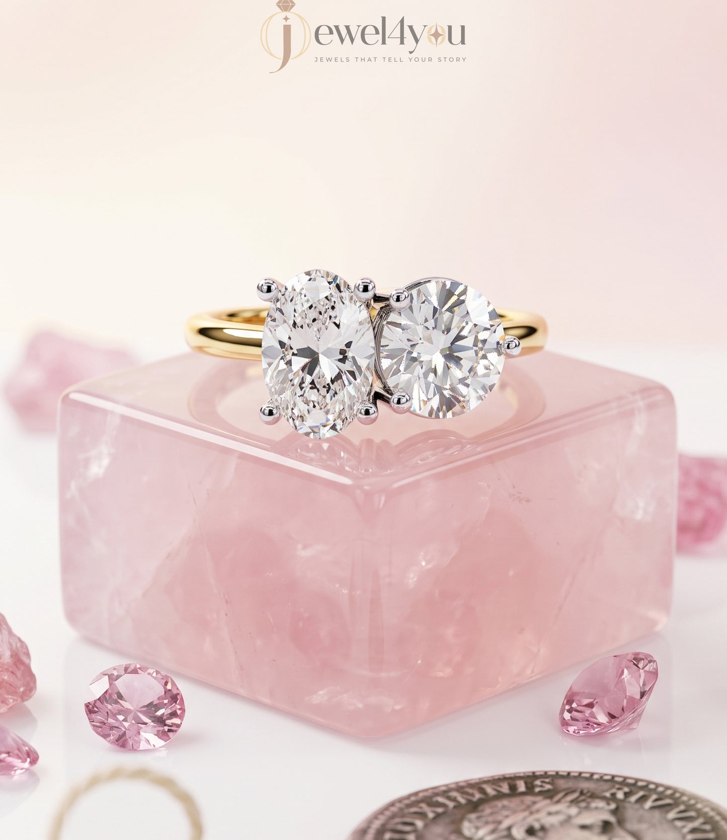YELLOW GOLD DUAL DIAMOND ENGAGEMENT RING WITH ROUND AND OVAL CUT DIAMONDS ##YELLOW GOLD