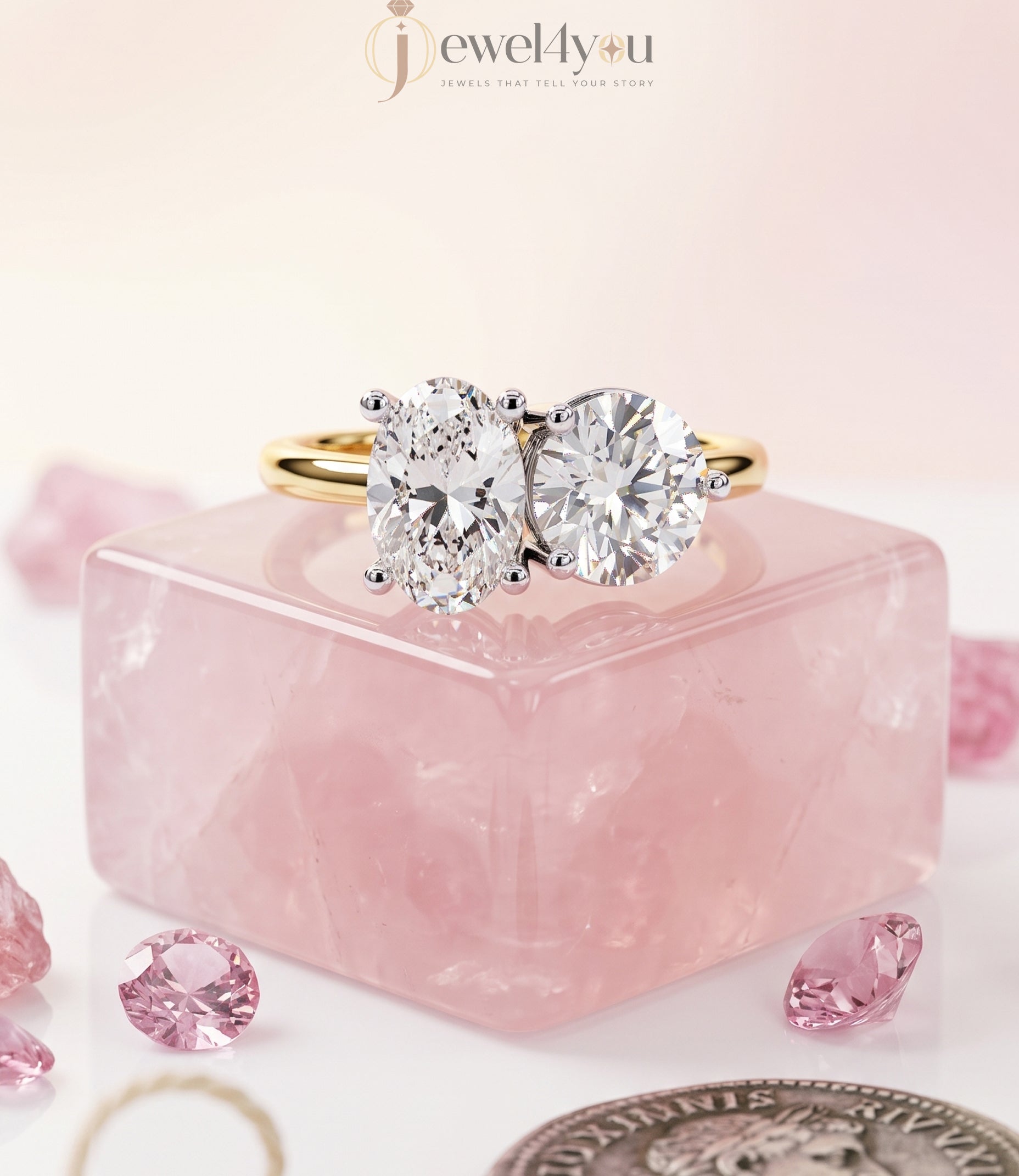 YELLOW GOLD DUAL DIAMOND ENGAGEMENT RING WITH ROUND AND OVAL CUT DIAMONDS 