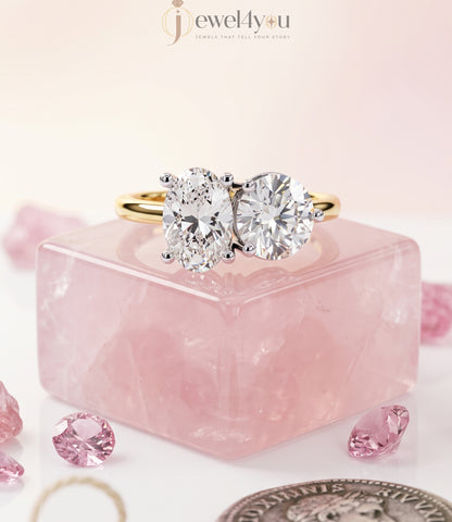 YELLOW GOLD DUAL DIAMOND ENGAGEMENT RING WITH ROUND AND OVAL CUT DIAMONDS 