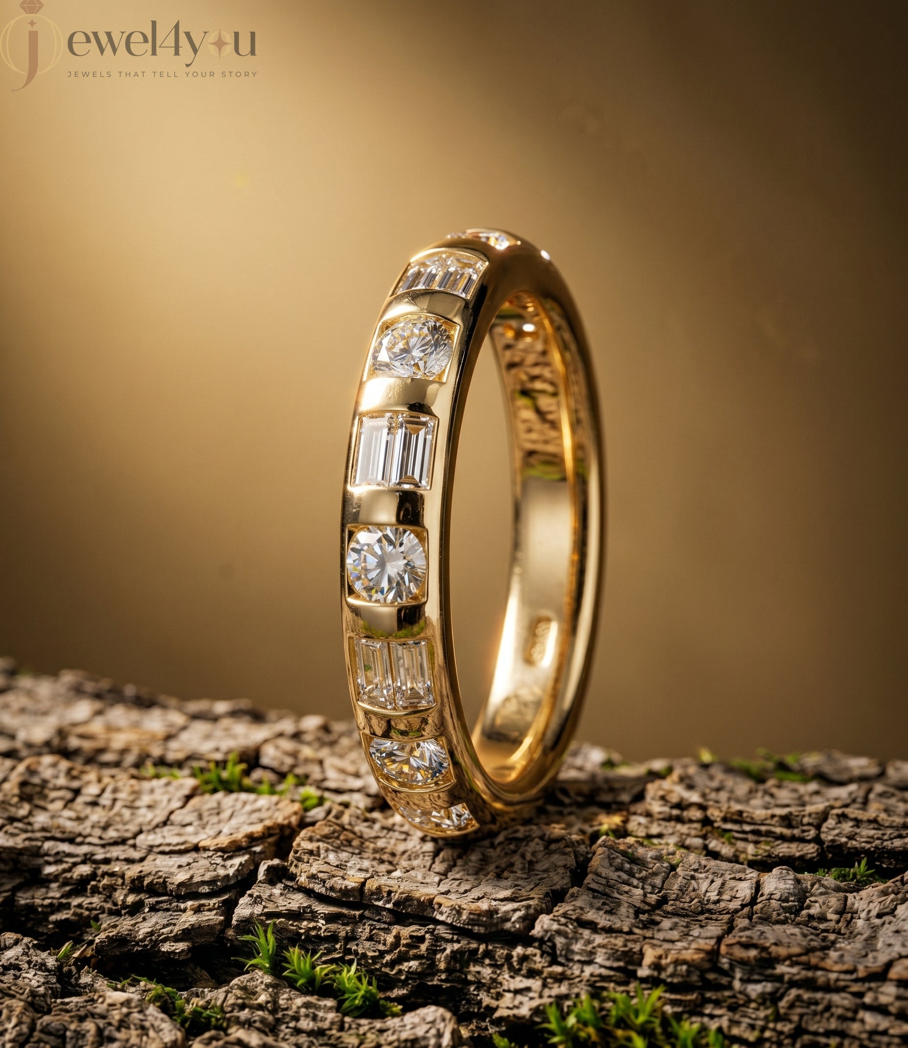 Yellow gold lab-grown diamond band with modern half eternity bar setting and alternating baguette and round D–F color VVS to VS+ clarity diamonds #YELLOW GOLD