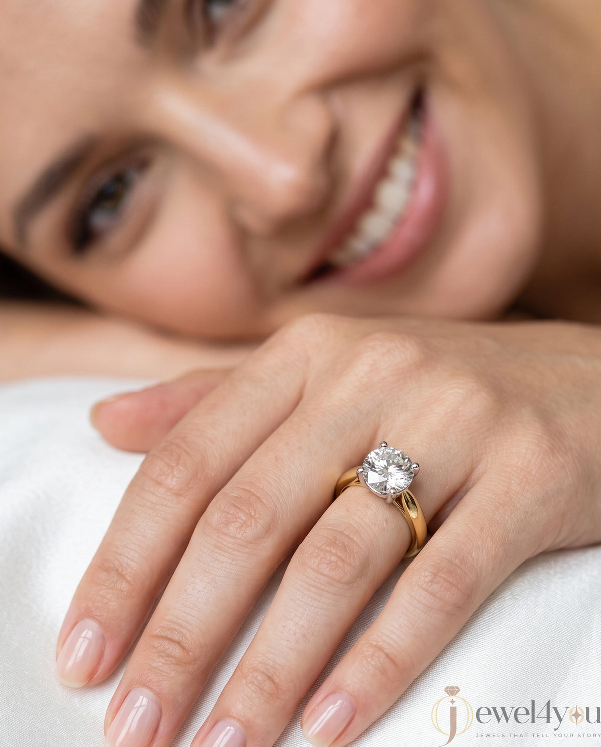 Yellow Gold cathedral band with white gold prong-set round lab-grown diamond #YELLOW GOLD
