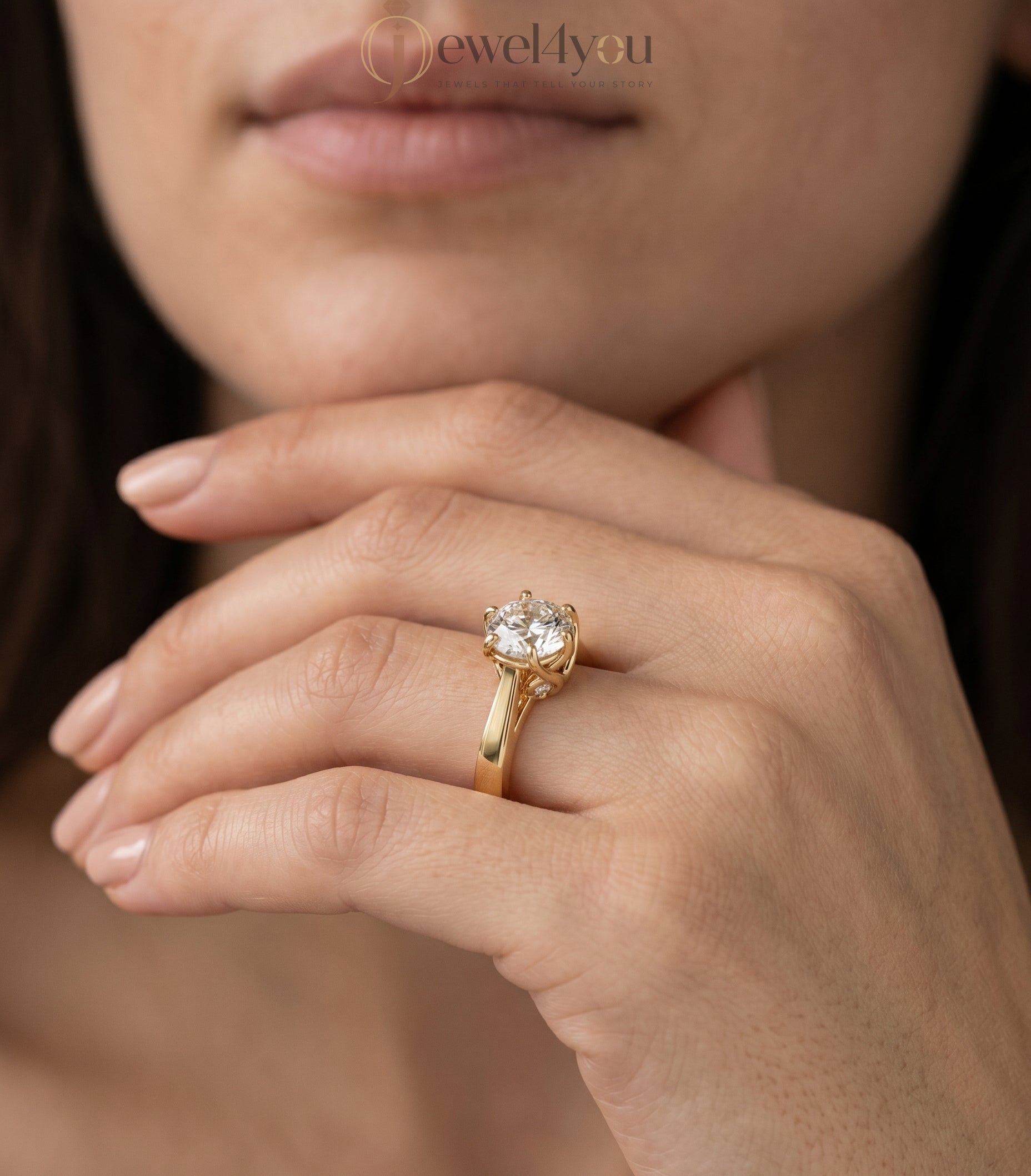 Yellow gold round solitaire engagement ring with six prongs and smooth plain shank #YELLOW GOLD