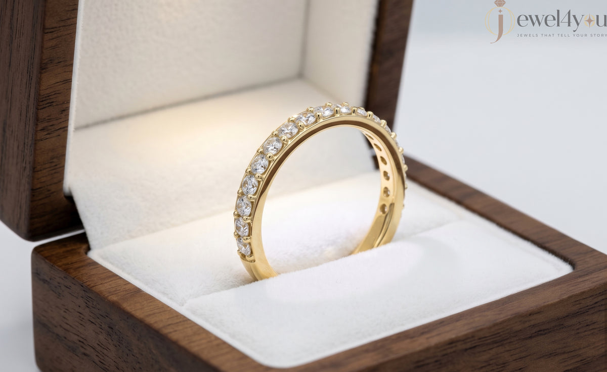 Yellow gold lab-grown diamond ring featuring half eternity prong-set D–F color, VVS clarity diamonds #YELLOW GOLD