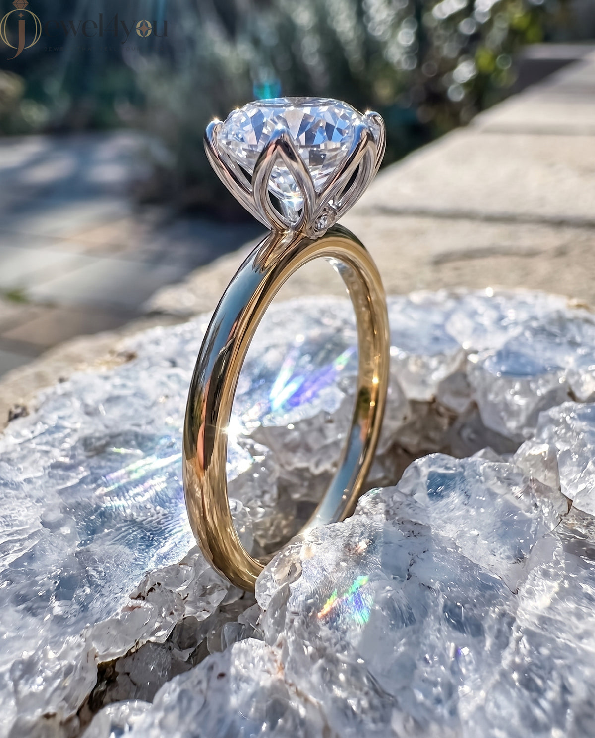 YELLOW GOLD SOLITAIRE RING WITH ROUND LAB-GROWN DIAMOND IN SIX-PRONG FLORAL CATHEDRAL SETTING ##YELLOW GOLD