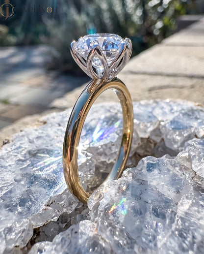 YELLOW GOLD SOLITAIRE RING WITH ROUND LAB-GROWN DIAMOND IN SIX-PRONG FLORAL CATHEDRAL SETTING 