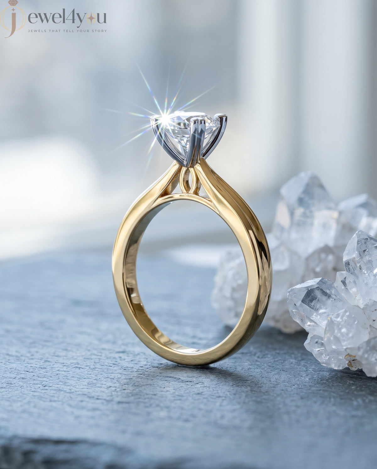 Yellow Gold engagement lab-grown ring with round solitaire and White Gold heart-prong setting, VVS clarity D–F color diamond #YELLOW GOLD